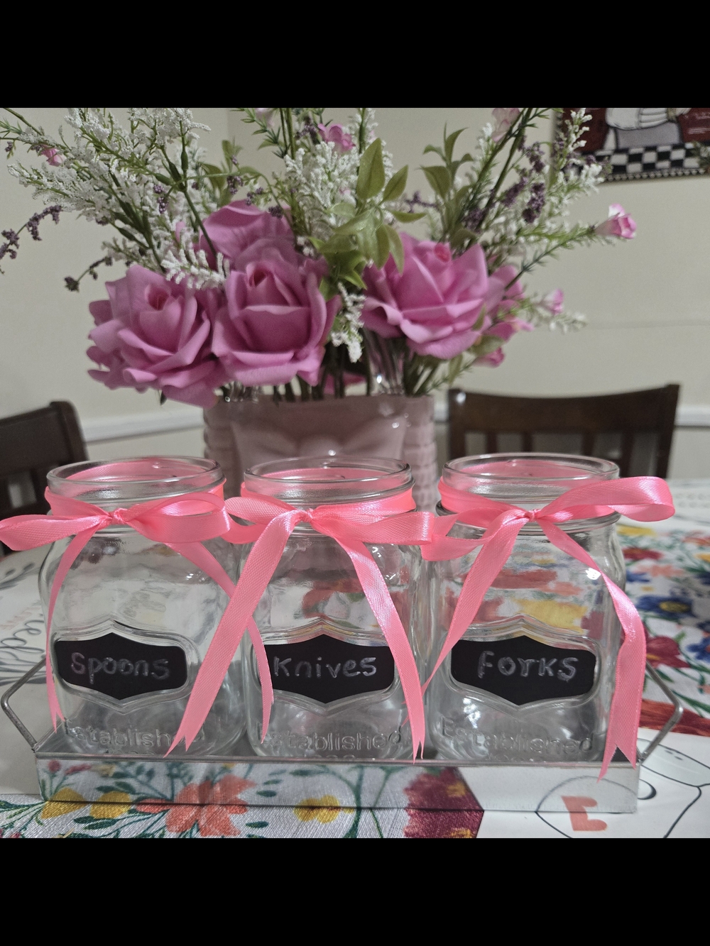 Clear Glass Utensil Jars with Pink Ribbon - Set of 3